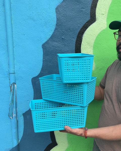 Three Turquoise Plastic Storage Baskets, 6x11"