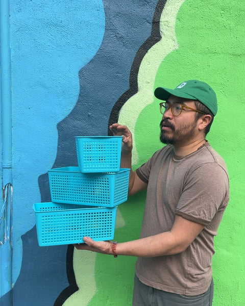 Three Turquoise Plastic Storage Baskets, 6x11"