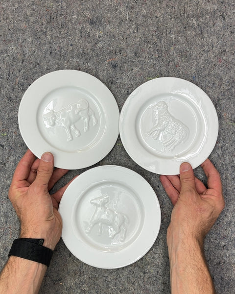 Set of 3 White Embossed Animal Dessert Plates