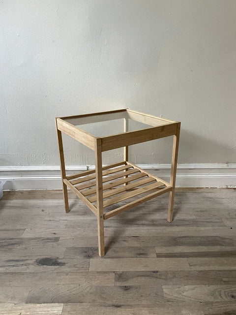 Wooden Side Table With Glass Top, W14xH17"
