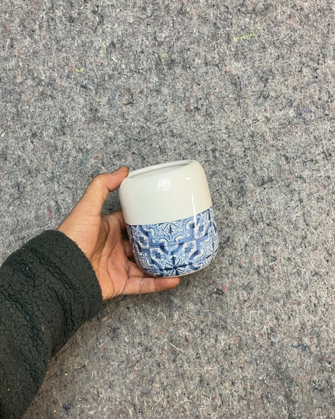 Small Ceramic Planter, White and Blue